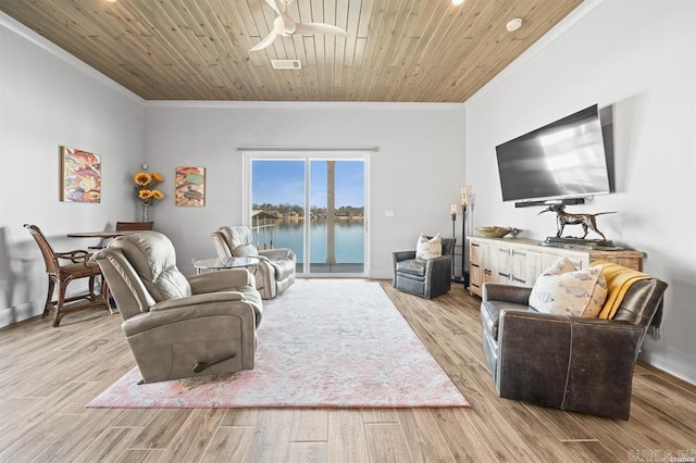 1601 Marion Anderson Rd, Hot Springs, AR 71913 - living area featuring visible vents, crown molding, ceiling fan, wood ceiling, and wood finished floors