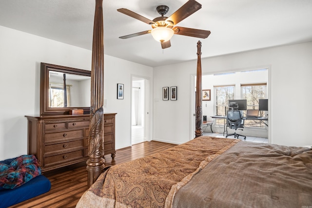 bedroom with a ceiling fan and wood finished floors