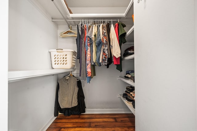 walk in closet with wood finished floors