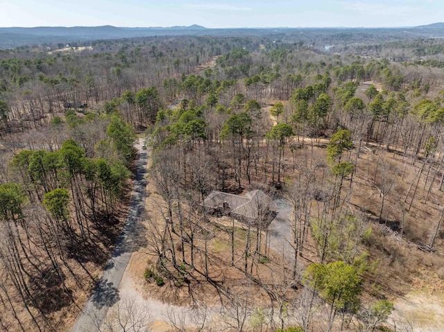 drone / aerial view featuring a mountain view and a wooded view