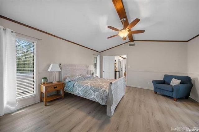 103 River Bend Rd, Hot Springs, AR 71913 - bedroom with lofted ceiling with beams, visible vents, light wood-style flooring, and crown molding