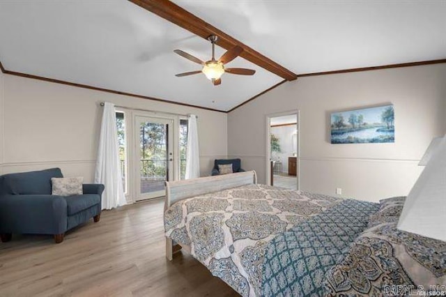 103 River Bend Rd, Hot Springs, AR 71913 - bedroom featuring light wood-style floors, crown molding, vaulted ceiling with beams, and access to outside