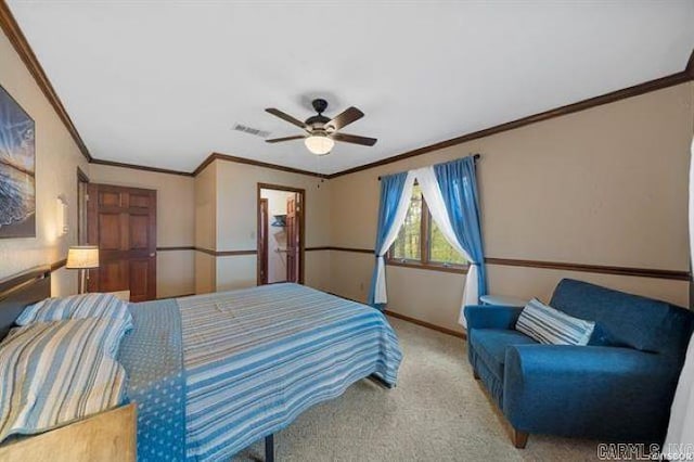 103 River Bend Rd, Hot Springs, AR 71913 - carpeted bedroom with visible vents, baseboards, ceiling fan, and ornamental molding