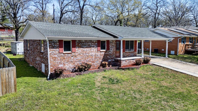 single story home with an attached carport, fence, concrete driveway, crawl space, and brick siding