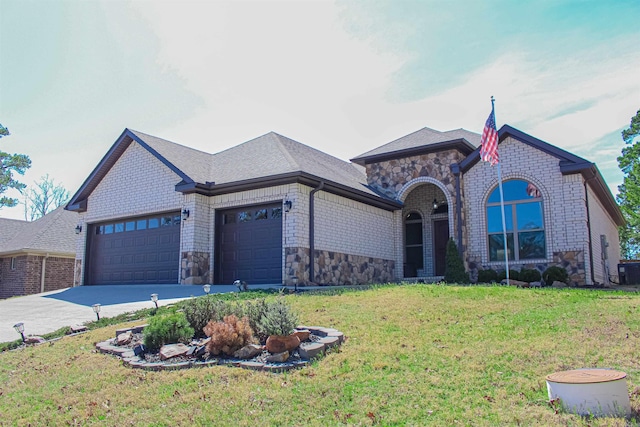 french country inspired facade with a front lawn, driveway, stone siding, a garage, and brick siding