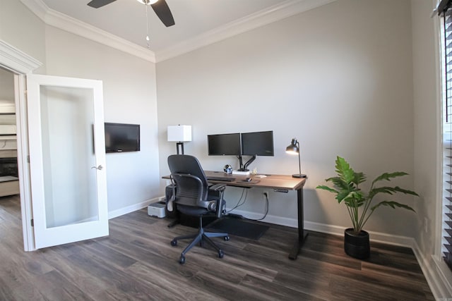 home office with baseboards, ornamental molding, french doors, wood finished floors, and a ceiling fan