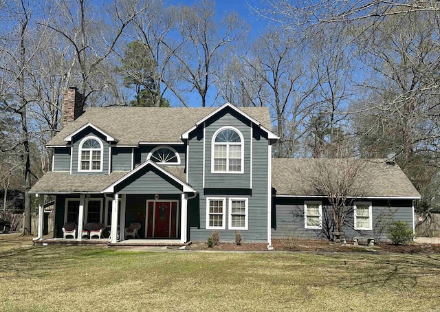 view of front of house with a chimney, a front yard, and a shingled roof