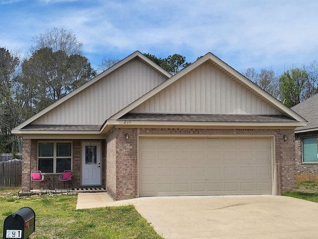 single story home with brick siding, concrete driveway, an attached garage, and a shingled roof