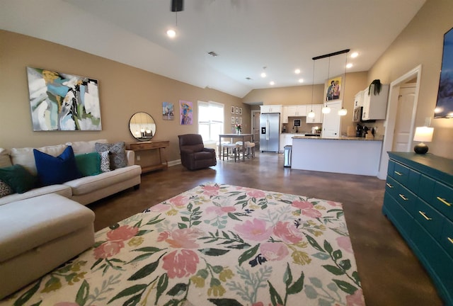 living room with visible vents, recessed lighting, concrete flooring, and vaulted ceiling