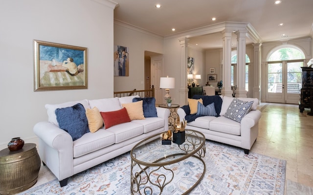 33 Greathouse Bend Dr, Little Rock, AR 72207 - living room featuring recessed lighting, crown molding, and decorative columns