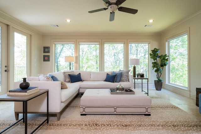 33 Greathouse Bend Dr, Little Rock, AR 72207 - living area featuring a ceiling fan, visible vents, and plenty of natural light