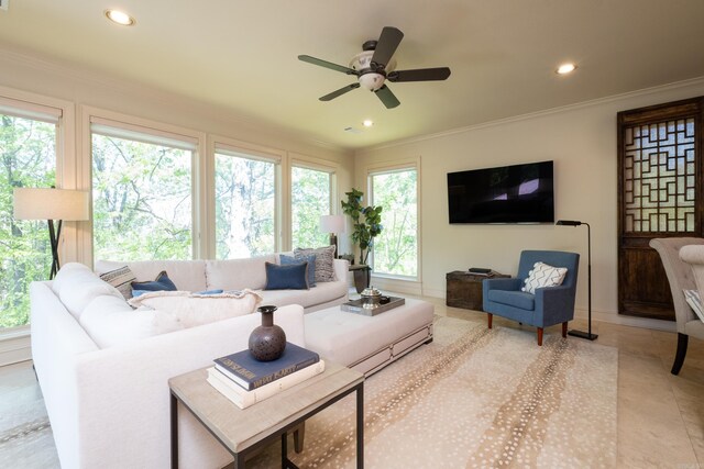 33 Greathouse Bend Dr, Little Rock, AR 72207 - living room featuring tile patterned flooring, recessed lighting, ceiling fan, and crown molding