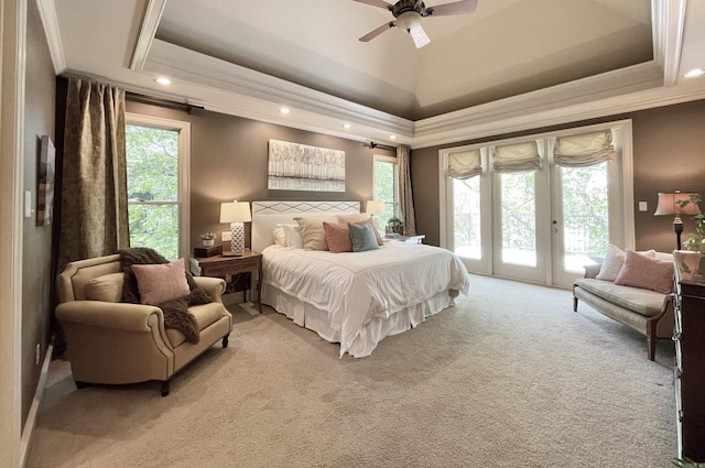 33 Greathouse Bend Dr, Little Rock, AR 72207 - bedroom featuring light carpet, ornamental molding, access to exterior, and a raised ceiling