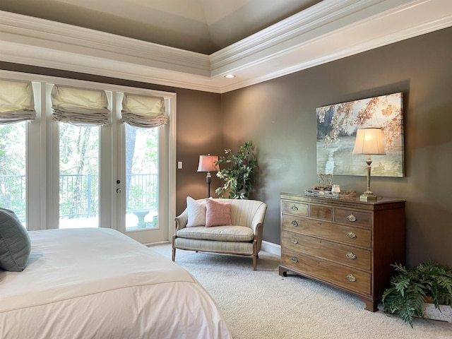 33 Greathouse Bend Dr, Little Rock, AR 72207 - bedroom with a tray ceiling, baseboards, carpet, access to outside, and ornamental molding