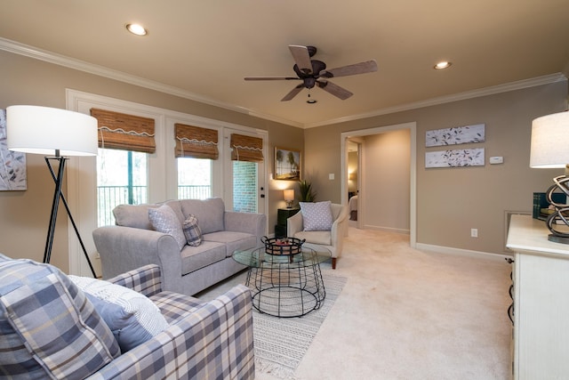 33 Greathouse Bend Dr, Little Rock, AR 72207 - living area featuring ceiling fan, light colored carpet, baseboards, ornamental molding, and recessed lighting
