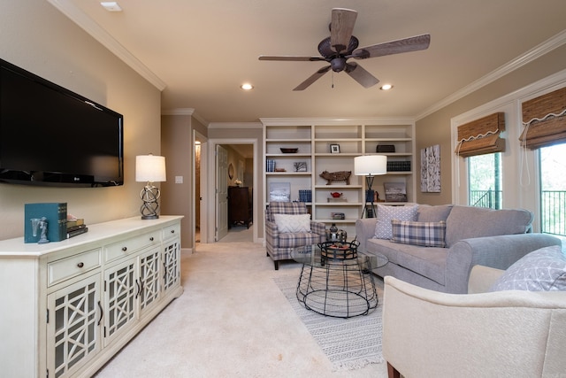 33 Greathouse Bend Dr, Little Rock, AR 72207 - living room featuring a ceiling fan, light carpet, crown molding, and recessed lighting