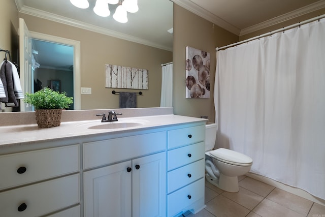 33 Greathouse Bend Dr, Little Rock, AR 72207 - bathroom with tile patterned floors, ornamental molding, vanity, toilet, and a notable chandelier