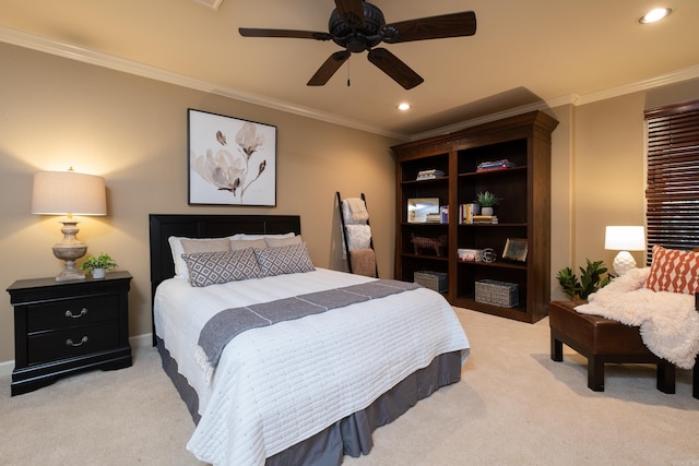33 Greathouse Bend Dr, Little Rock, AR 72207 - bedroom with light colored carpet, a ceiling fan, crown molding, and recessed lighting