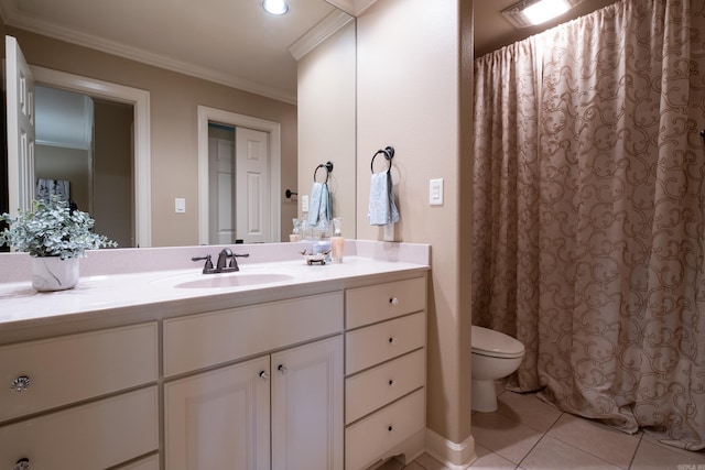 33 Greathouse Bend Dr, Little Rock, AR 72207 - bathroom with toilet, curtained shower, tile patterned flooring, crown molding, and vanity