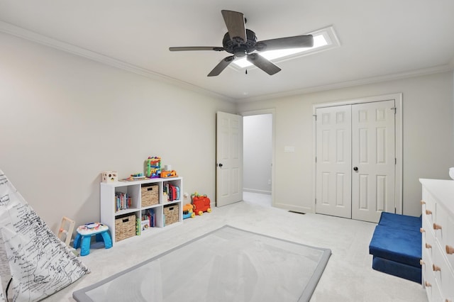 33 Greathouse Bend Dr, Little Rock, AR 72207 - game room featuring carpet floors, ornamental molding, and ceiling fan