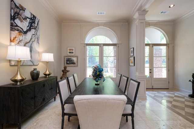 33 Greathouse Bend Dr, Little Rock, AR 72207 - dining space featuring ornamental molding, baseboards, visible vents, and ornate columns