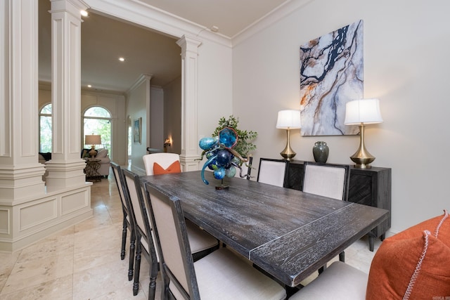 33 Greathouse Bend Dr, Little Rock, AR 72207 - dining room featuring ornamental molding, light tile patterned flooring, and decorative columns