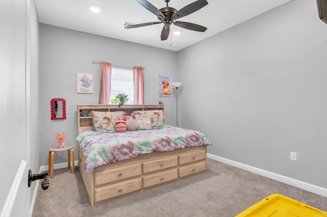 carpeted bedroom featuring recessed lighting, baseboards, and ceiling fan