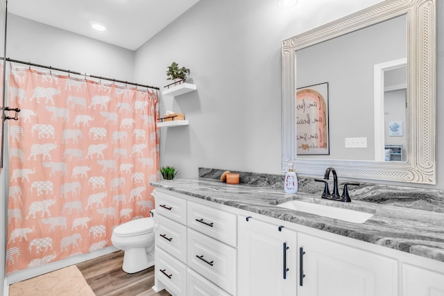 full bathroom featuring vanity, a shower with shower curtain, toilet, and wood finished floors