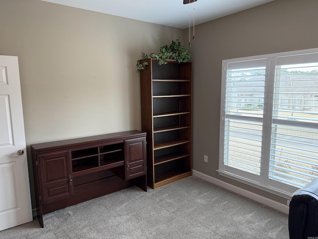 interior space with light carpet, a healthy amount of sunlight, and baseboards