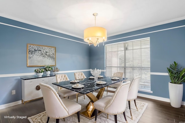 7704 Toltec Dr, North Little Rock, AR 72116 - dining space with baseboards, dark wood-style flooring, and a notable chandelier