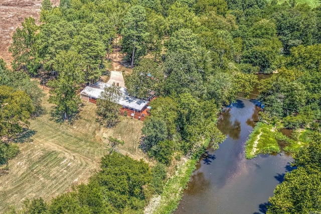 bird's eye view with a wooded view