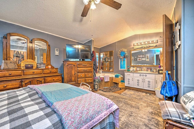 bedroom with a textured ceiling, a ceiling fan, lofted ceiling, and ornamental molding