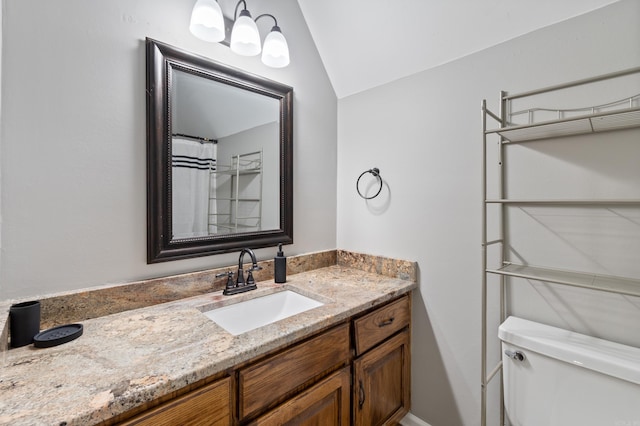 full bathroom featuring vanity, vaulted ceiling, and toilet