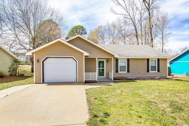 single story home featuring concrete driveway, roof with shingles, a garage, and a front yard