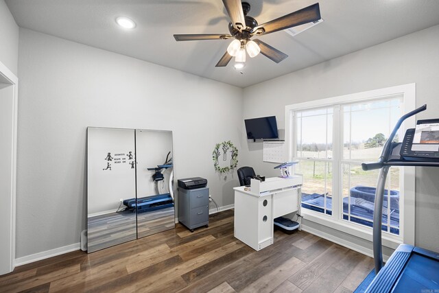 home office with recessed lighting, baseboards, a ceiling fan, and dark wood-style flooring