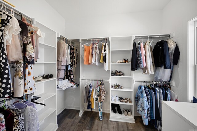 spacious closet with dark wood-style floors