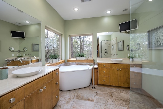 bathroom with visible vents, a freestanding bath, a sink, a shower stall, and two vanities