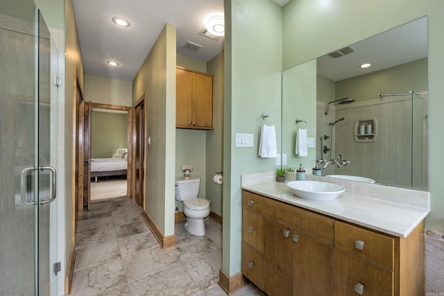 full bathroom featuring vanity, ensuite bath, visible vents, a shower with door, and toilet