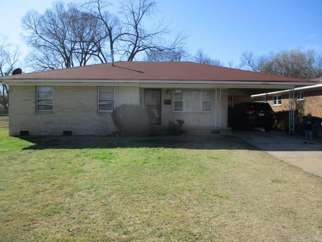 ranch-style house with an attached carport, a front yard, and brick siding