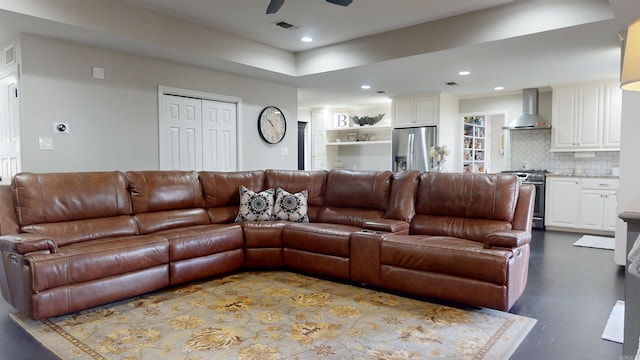 6006 Shadyside, Texarkana, TX 75503 - living room with finished concrete flooring, visible vents, ceiling fan, and recessed lighting