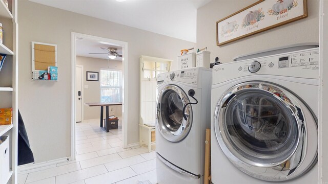 6006 Shadyside, Texarkana, TX 75503 - clothes washing area featuring light tile patterned flooring, separate washer and dryer, laundry area, baseboards, and ceiling fan