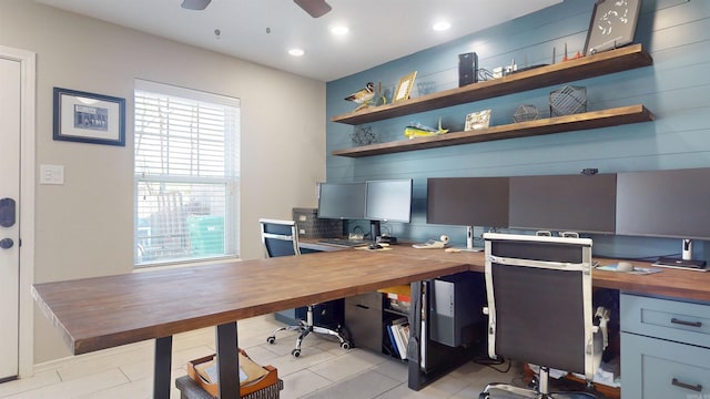 6006 Shadyside, Texarkana, TX 75503 - office area with light tile patterned flooring, ceiling fan, and recessed lighting