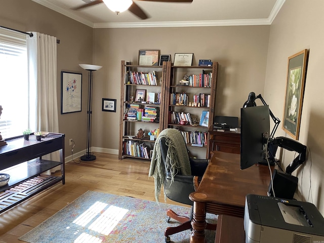 12706 Meadows Edge Ln, Little Rock, AR 72211 - home office featuring baseboards, crown molding, wood finished floors, and ceiling fan
