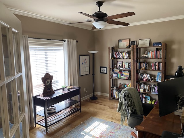 12706 Meadows Edge Ln, Little Rock, AR 72211 - office featuring baseboards, ceiling fan, wood finished floors, and ornamental molding