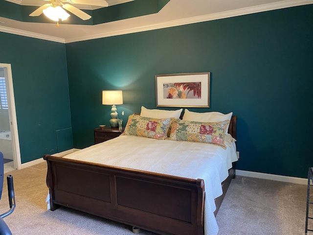 12706 Meadows Edge Ln, Little Rock, AR 72211 - carpeted bedroom featuring a tray ceiling, baseboards, crown molding, and ceiling fan