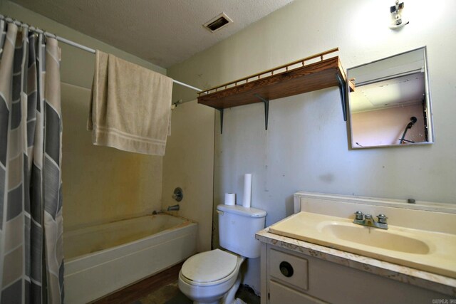 full bath featuring vanity, shower / bathtub combination with curtain, toilet, a textured ceiling, and visible vents