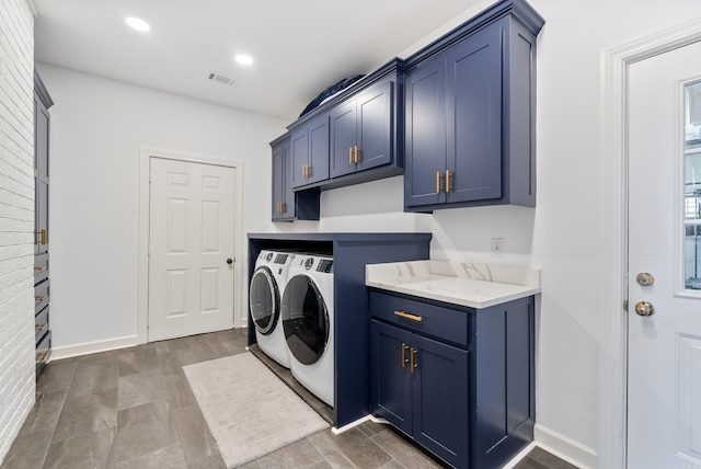 8 Allen Pt, Perryville, AR 72126 - washroom with visible vents, baseboards, recessed lighting, cabinet space, and washing machine and dryer