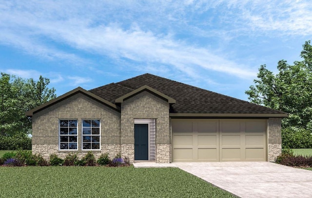 view of front facade with a front yard, stone siding, roof with shingles, concrete driveway, and an attached garage