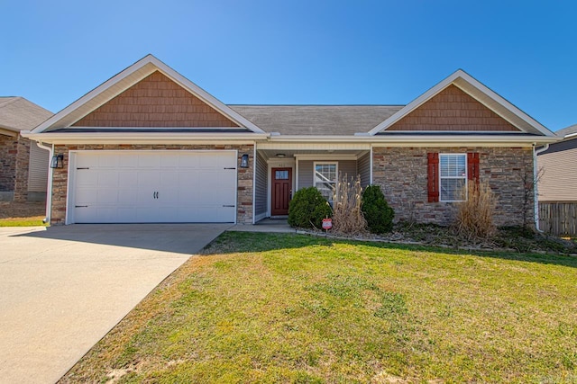 view of front of home with driveway, an attached garage, stone siding, and a front lawn