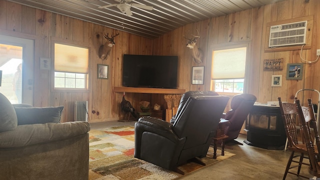 44 Duncan Ln, Story, AR 71970 - living area with ceiling fan, an AC wall unit, and wooden walls